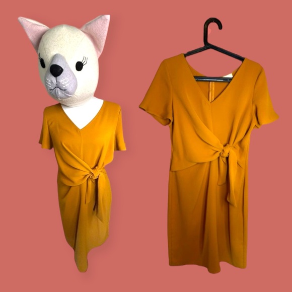 💛 ART + EPHECT TIE FRONT DRESS MUSTARD YELLOW SMALL - Picture 1 of 8